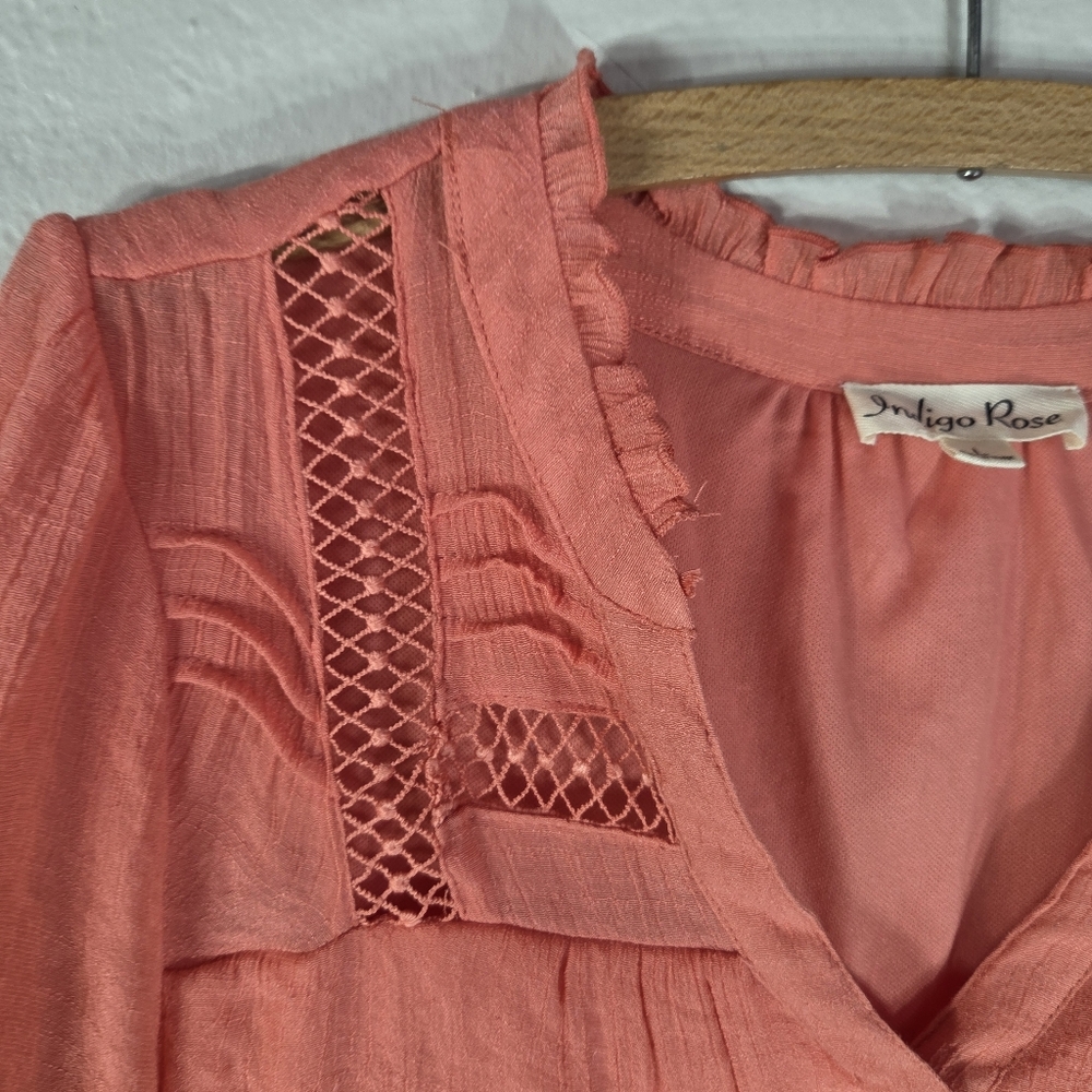 Indigo Rose Orange Size L Mini Swing Dress Embroidered Short Sleeves V-Neck - Picture 5 of 16